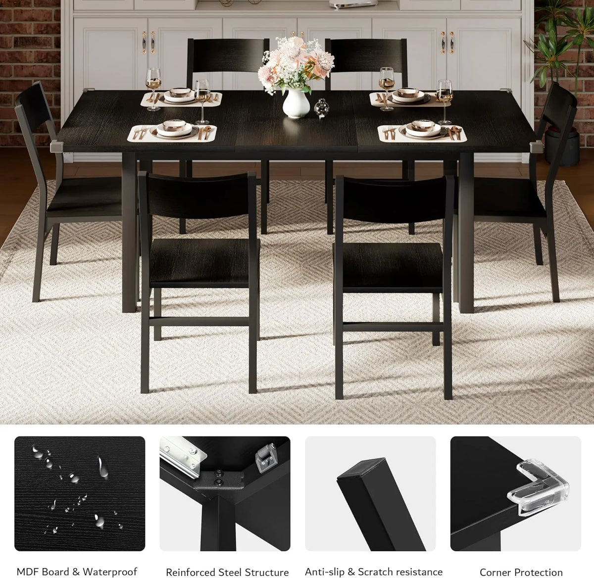 iPormis 63" Extendable Dining Table for 4-8, Square Wooden Dining Room Table with Metal Base, Modern Extendable Table for  Small Kitchens, Dining Office Areas, Black