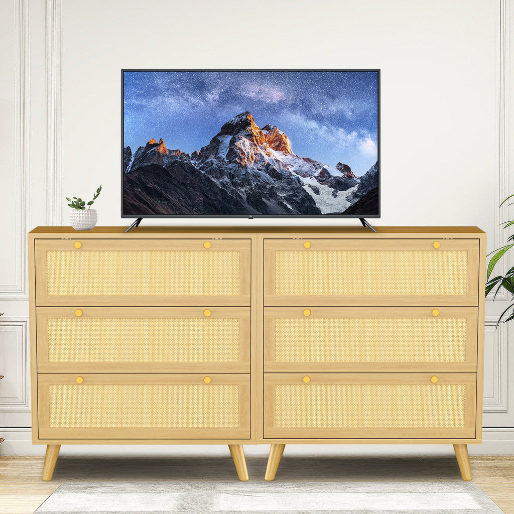 Capri 3 Drawer Dresser, Rattan Storage Wide Chest of Drawers, Night Stand Storage Cabinet for Women, Kids, Baby, Nursery, Girls, Bedroom Living Room Furniture, Natural