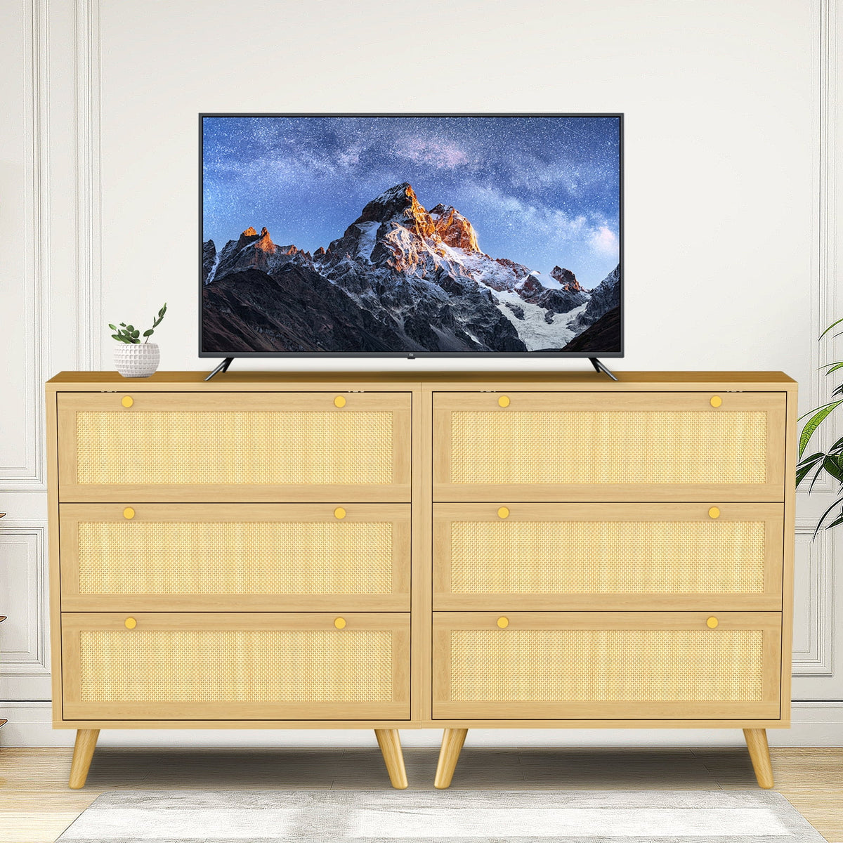 Capri 3 Drawer Dresser, Rattan Storage Wide Chest of Drawers, Night Stand Storage Cabinet for Women, Kids, Baby, Nursery, Girls, Bedroom Living Room Furniture, Natural