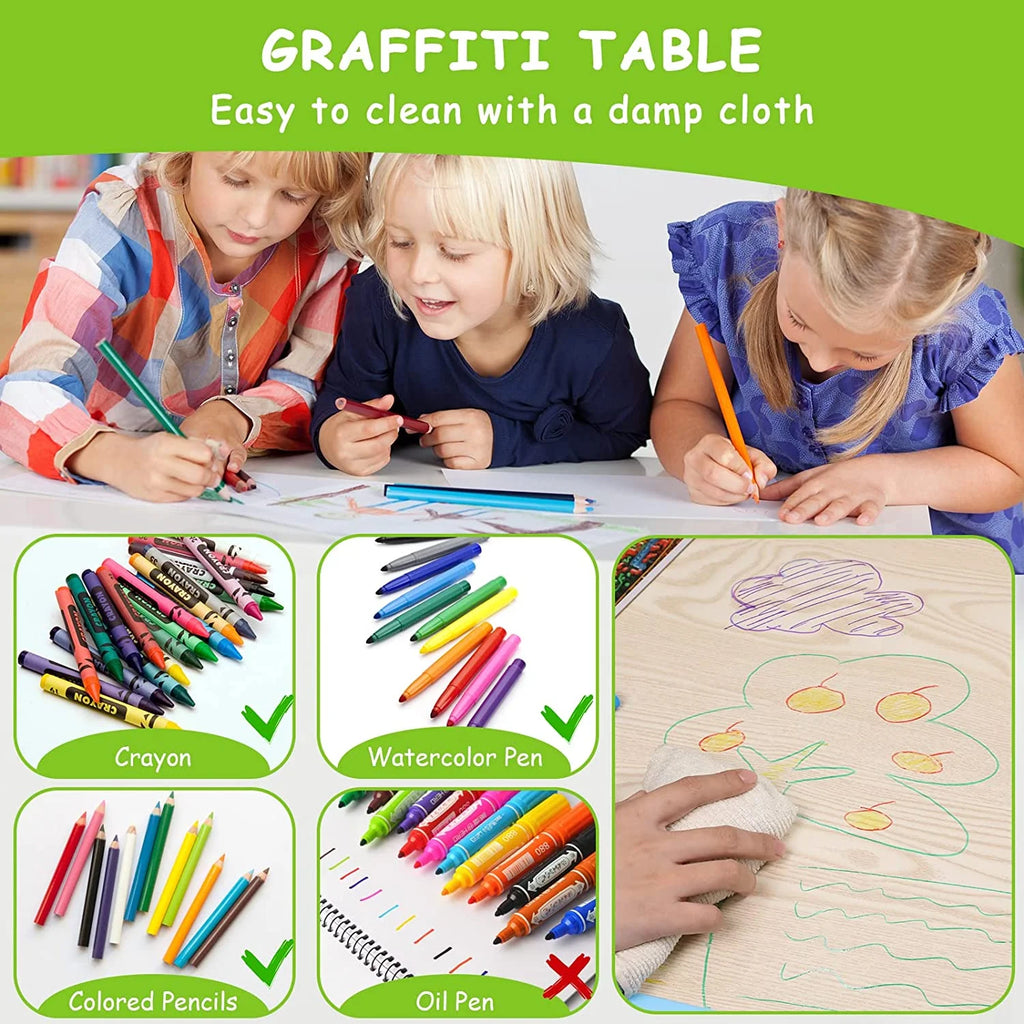 LAZY BUDDY Kids Table and 4 Chairs Set, Height Adjustable Toddler Desk with Graffiti Desktop, Kids Activity Table Set for Daycare, Home