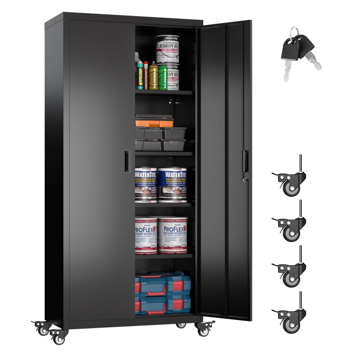 SUPEER 71" Metal Storage Cabinets with Wheels and Pegboards, Industrial Cabinet with 2 Drawers and 2 Adjustable Shelves,, Assembly Required