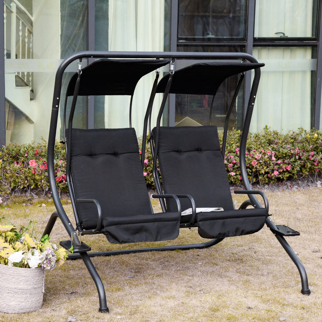 Outsunny 2-Seat Modern Steel Canopy Porch Swing with Cup Holder and Cushions, Beige/Black