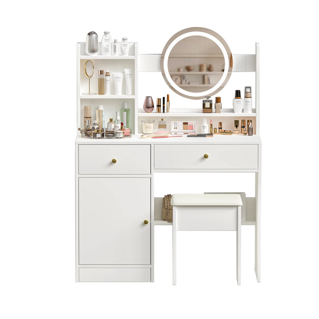 Montary Modern Mini Vanity w/Adjustable LED Mirror + Hidden Storage, Padded Stool & Dustproof Shelves (White)