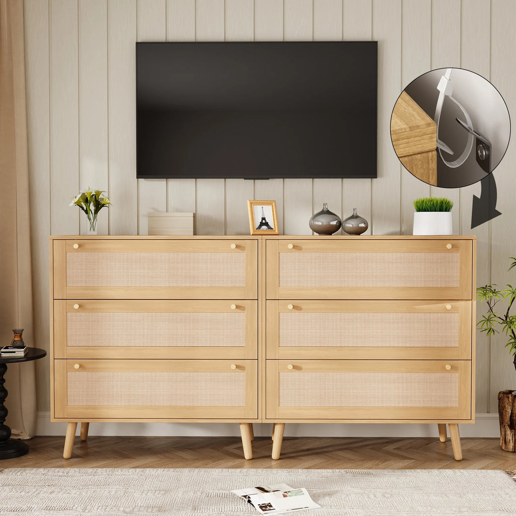 Farmhouse Rattan Dresser with 3 Drawers - Wooden Storage Chest for Bedroom, Living Room & Hallway, Vintage Style Organizer