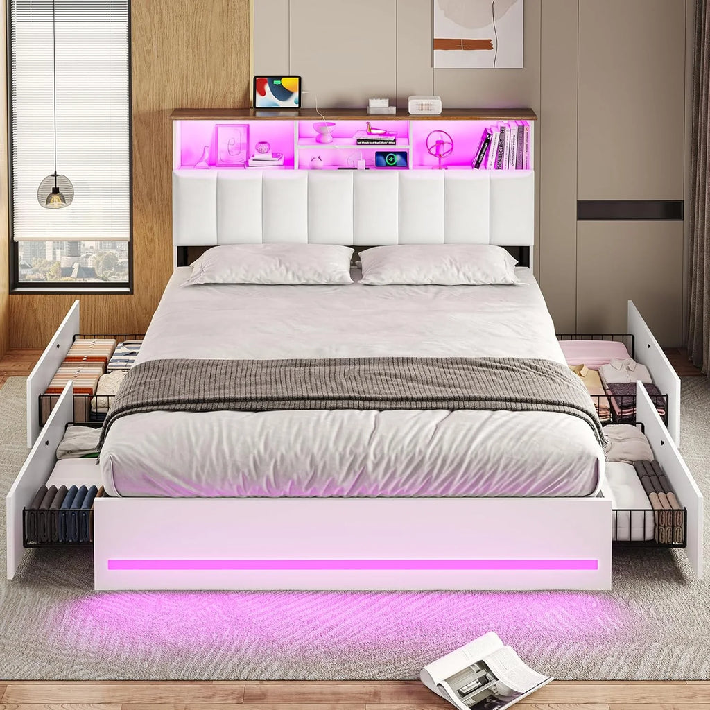 AOGLLATI Upholstered Platform Twin Bed with 4 Storage Drawers & Charging Station & LED Lights, Black