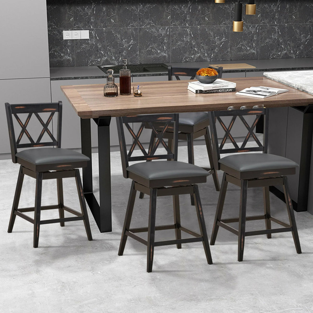 Gymax Set of 4 Barstools Swivel Counter Height Chairs w/Rubber Wood Legs Black