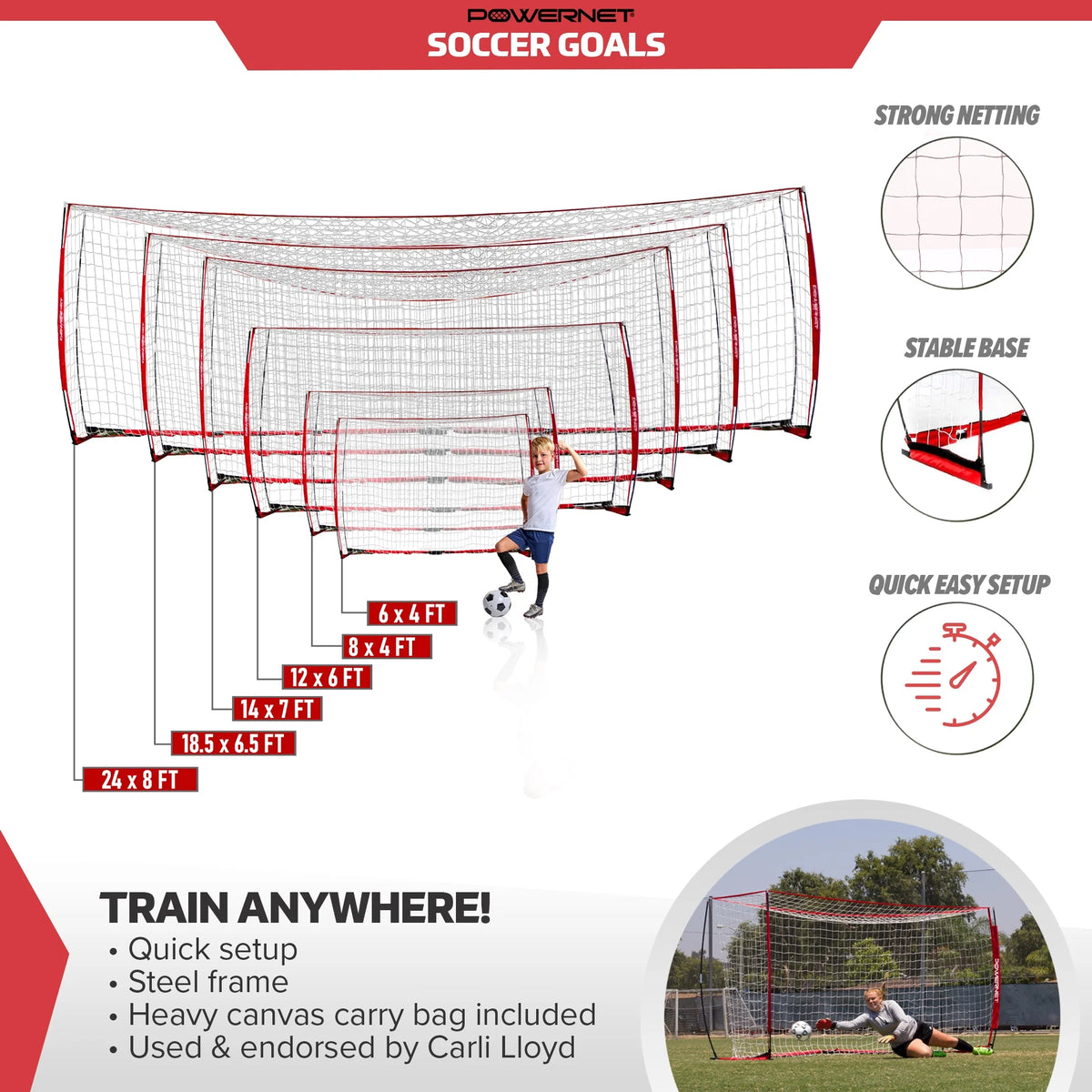 PowerNet 8x4 Ft Soccer Goal Portable Bow Style Net and Large Ball Carry Bag Bundle | Quick Setup Ultra Portable | Full Size Framed Soccer Goal | Perfect for Teams and Coaches