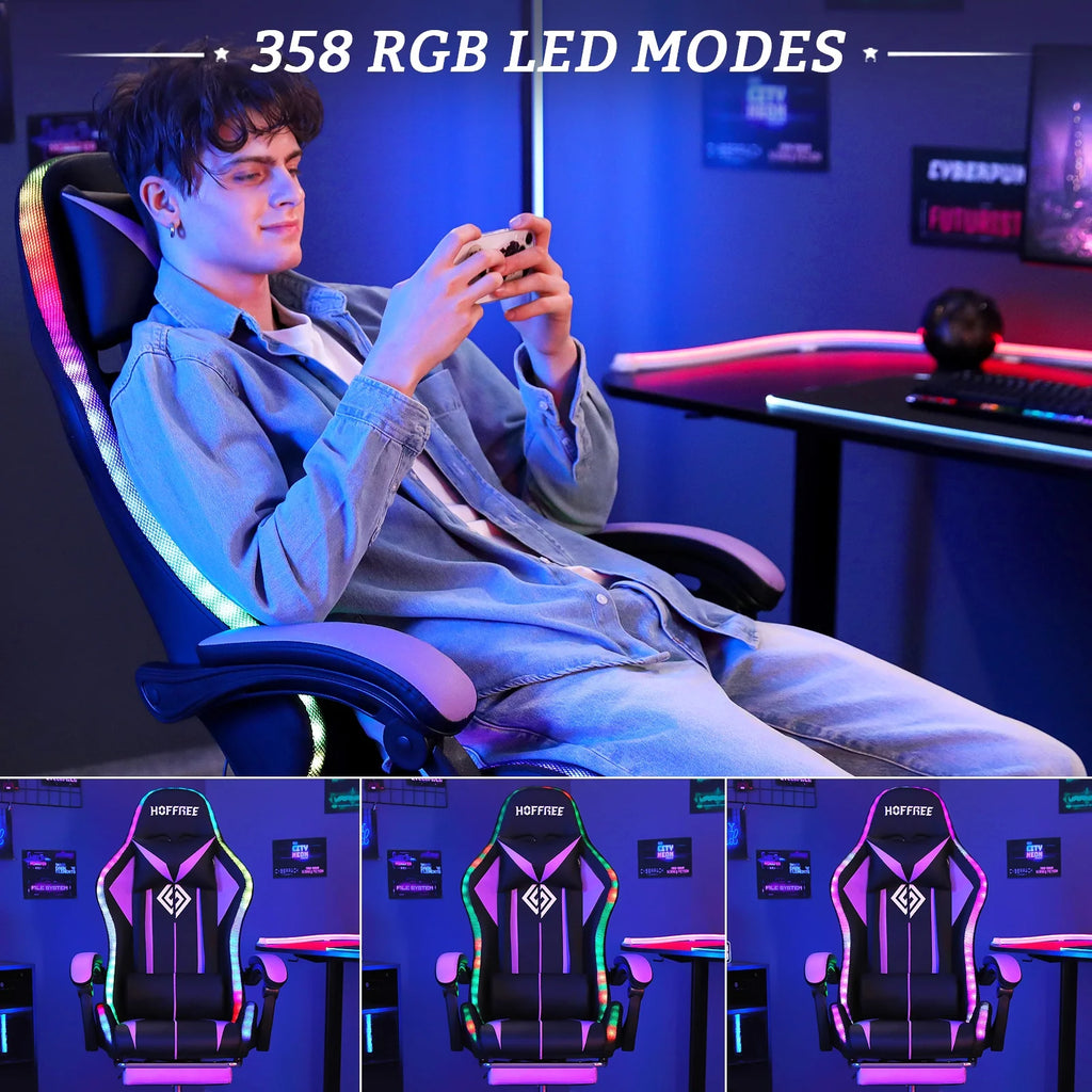 Hoffree Gaming Chair with Bluetooth Speakers and Footrest Massage Office Chair with LED Lights Ergonomic Game Chair High Back with Lumbar Support and Headrest Adjustable Swivel for Adults 300lb