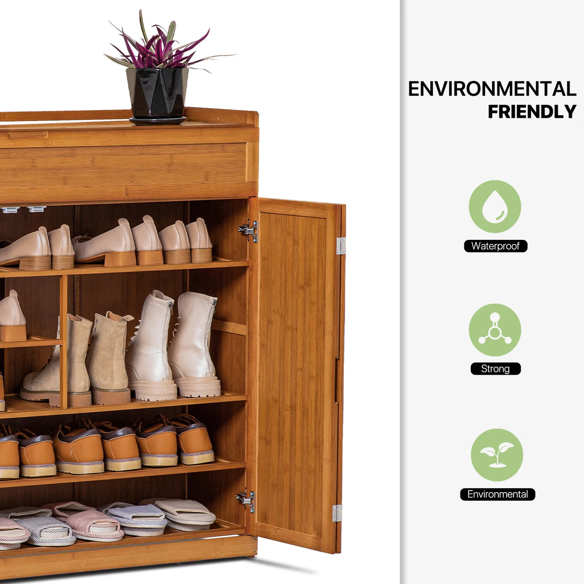 Magshion Bamboo 6 Tier 30 Pairs Shoe Organizer Cabinet with Folding Door Compartment Heels Boots, Brown, for Home