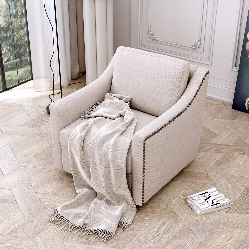 Swivel Accent Chair Armchair, 360�� Swivel Chair in Cotton Linen, Living Room Chairs with Wide Cusion and Curved Armrest, Comfy Barrel Sofa Reading Chairs for Bedroom, Small Spaces, Office, Grey