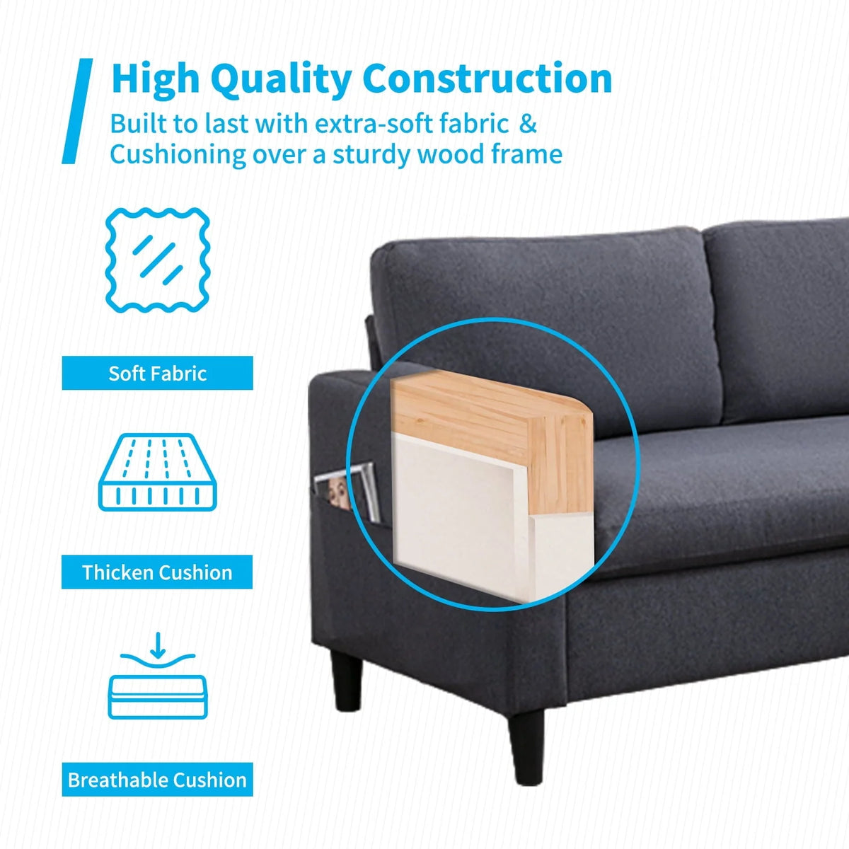 Mjkone Convertible Sectional Sofa Couch with Storage Ottoman, 86" W L-Shaped Couch for Living Room, 3-Seat Sofas with Reversible Chaise, Sectional Couches for Living Room/Office/Bedroom (Dark Gray)