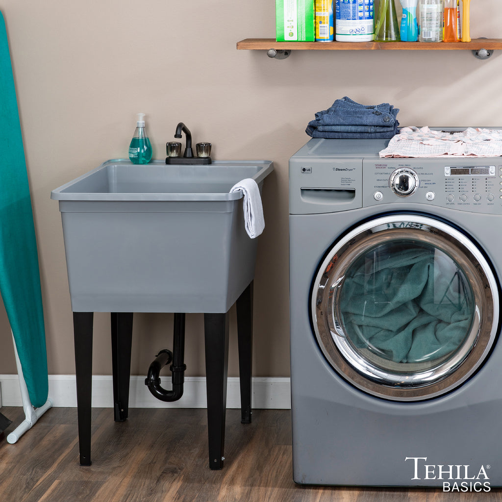 Tehila Freestanding Black Utility Sink with Black Faucet for Laundry Room