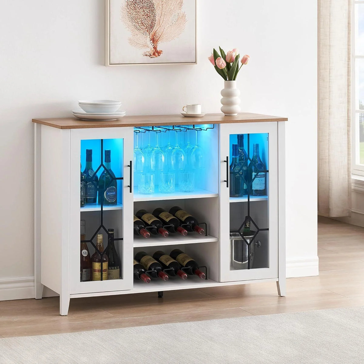 FOLDLIFE Wine Bar Cabinet with LED Lights, Liquor Cabinet Bar with Storage Cabinet, Coffee Cabinet with Bottles and Glass Rack, Buffet Sideboard with Storage Cabinet&Drawers,Dark Grey