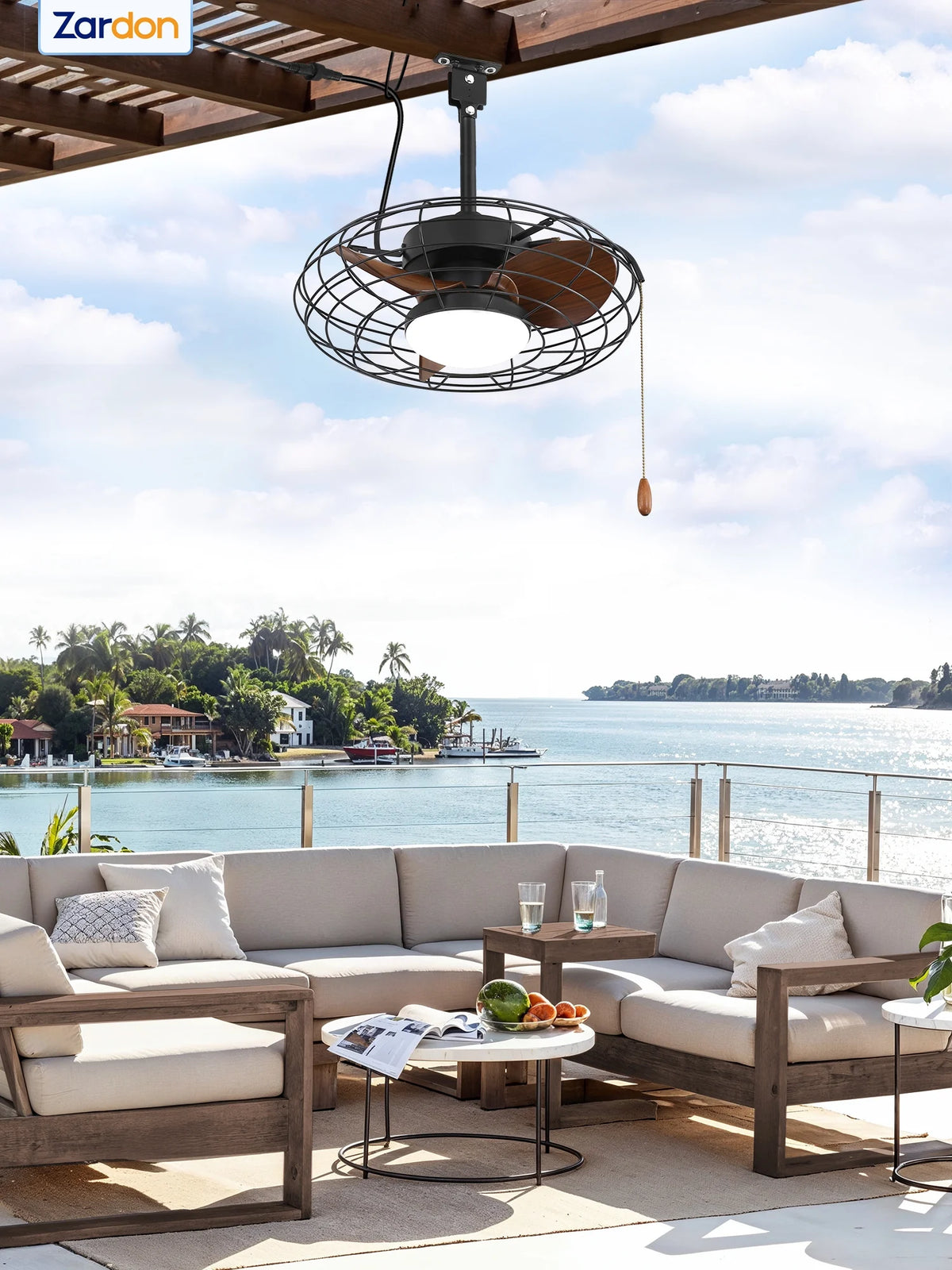Zardon 20" Outdoor Ceiling Fan with Light and Remote, 7 Blades Caged Waterproof Gazebo Fan for Patio, Porch, Pergola Canopy, App Control