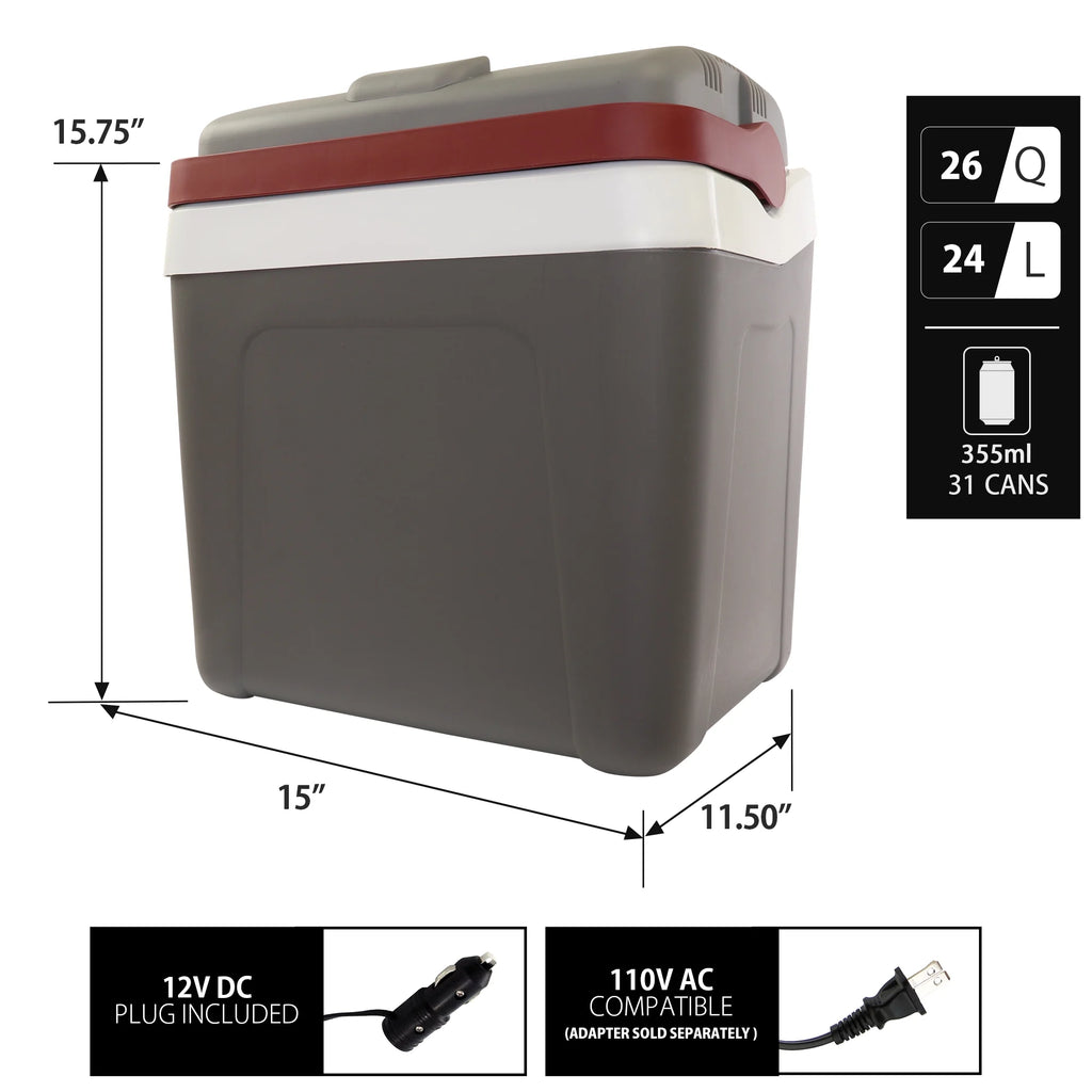 Koolatron 12V Electric Cooler 24L (26 qt), With Self-Locking Handle, Gray/Red