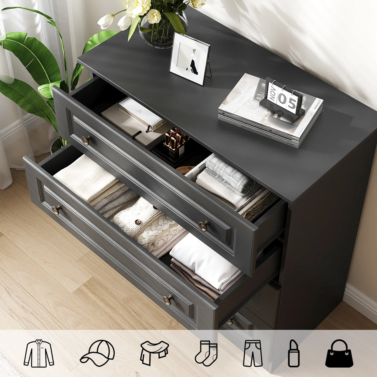 IDEALSOUL Dresser, Black Dresser Tall dresser with Large Storage Space, 4 Drawer Dresser for Bedroom, Hallway, Entryway