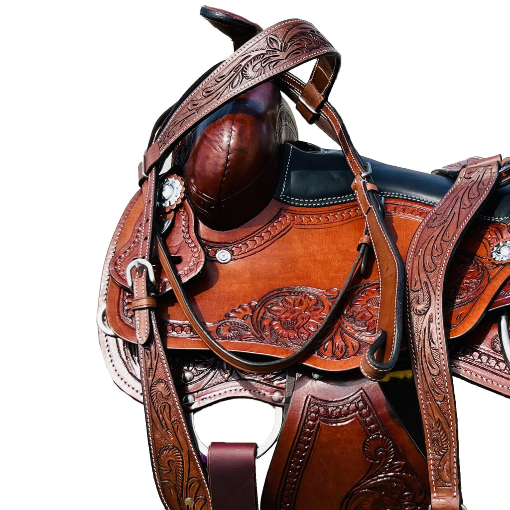 Resistance Western Horse Pleasure Adult Saddle with Floral Tooled - Genuine Leather 15" 16" 17" 18" & 20" With Free Tack Set