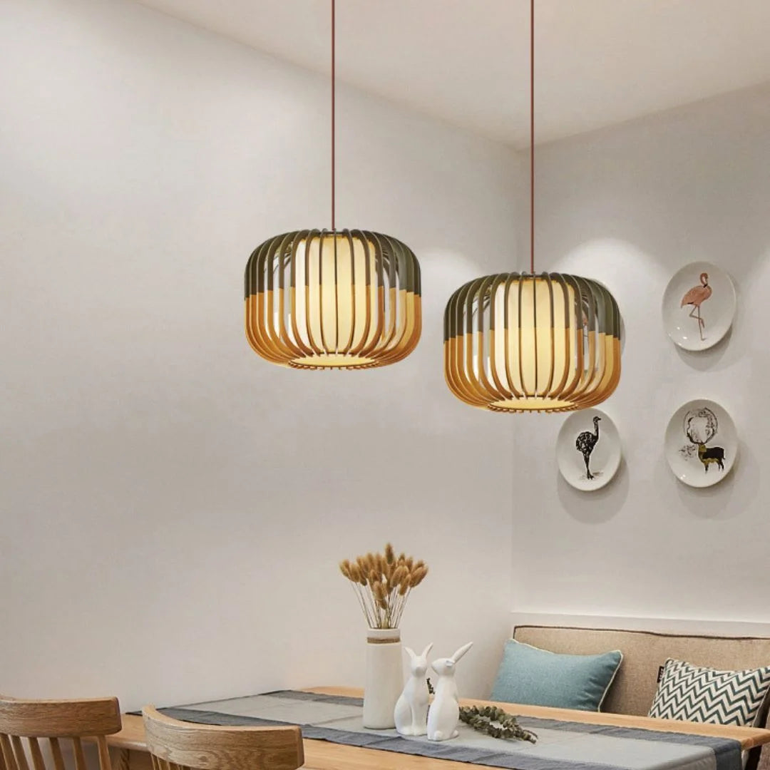 Arturesthome Wood Pendant Lights, Wicker Drum Chandelier Boho Pendant Light Basket Lighting Fixture, Large Natural Woven Hanging Lamp for Kitchen Island Dining Room Entryway