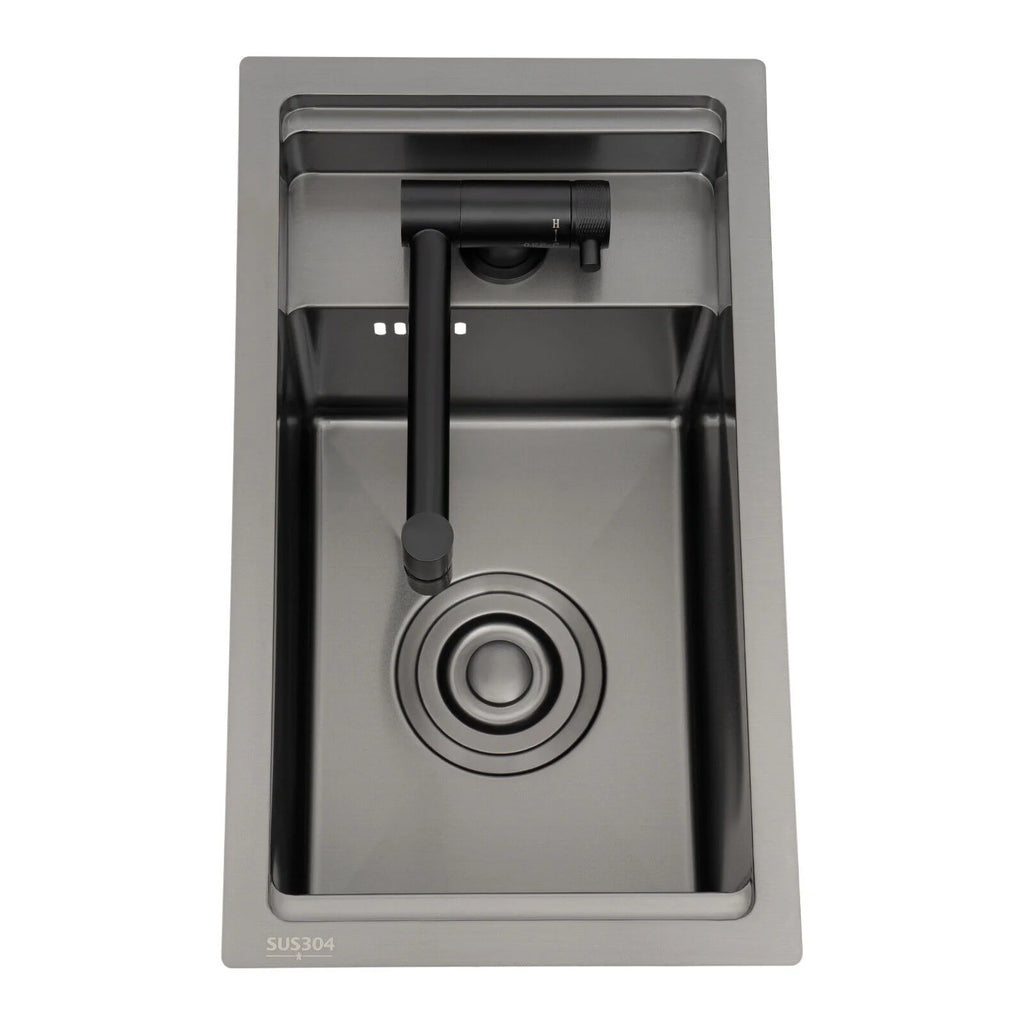 Modern Drop in Bar Sink, Single Bowl Kitchen Sink with Foldable Faucet, Black Nano 304 Stainless Steel Utility Sink for Compact Kitchen Commercial Hotel RV Laundry