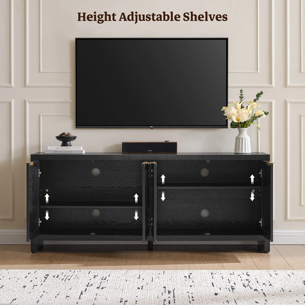 SICOTAS 61.5"W Rattan TV Stand with 4 Doors, Boho Entertainment Center with Adjustable Shelves & Spacious Countertop �C Large Boho Farmhouse Media Console for Living Room, Reclaimed Caramel Oak
