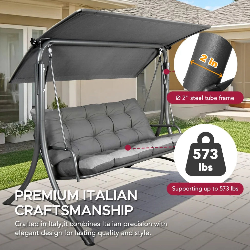 Made in Italy SUNJOY Outdoor Porch Swing, 2 Seat Patio Metal Swing with Adjustable Canopy