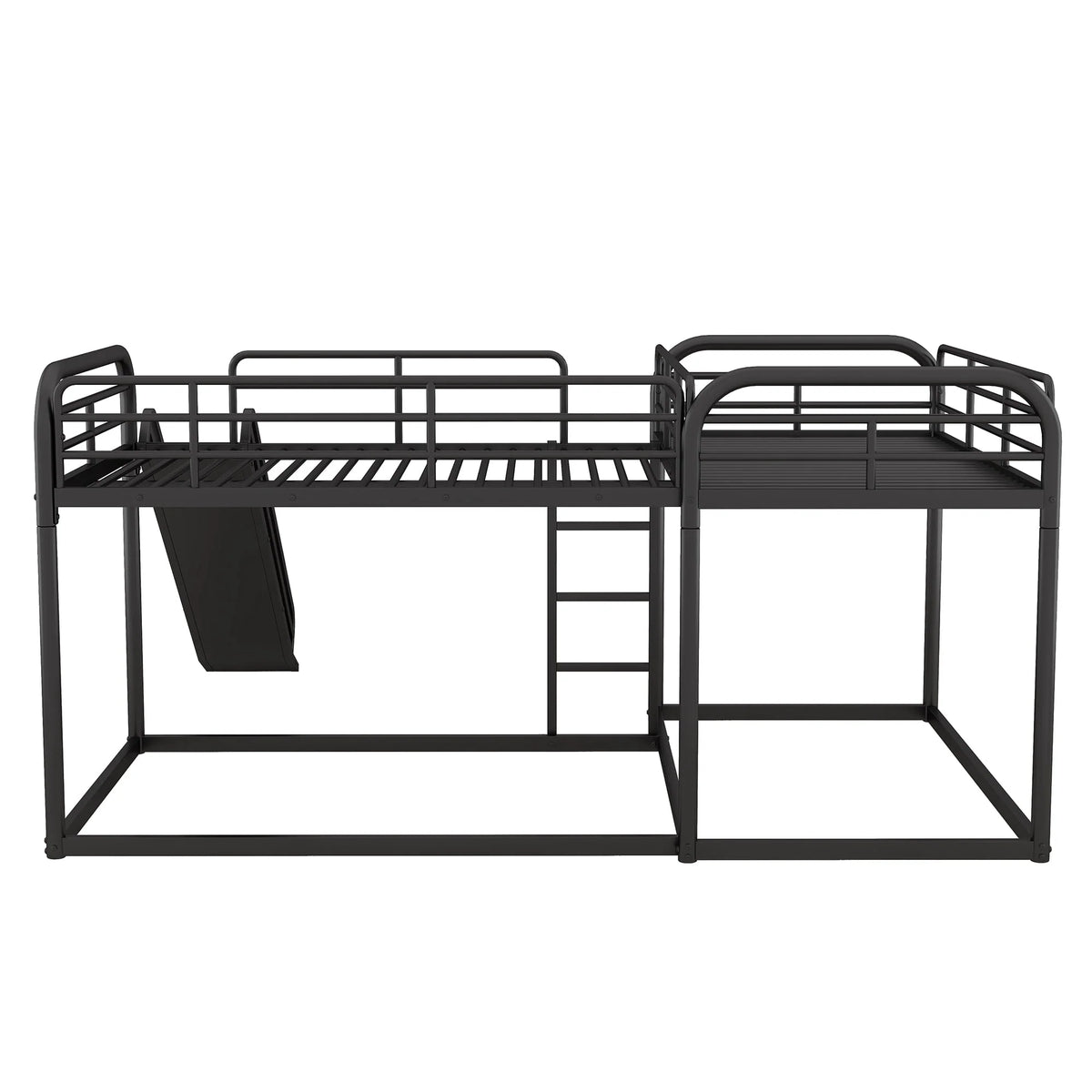 Full and Twin Size L-Shaped Quadruple Metal Bunk Bed with Slide for Kids, Black