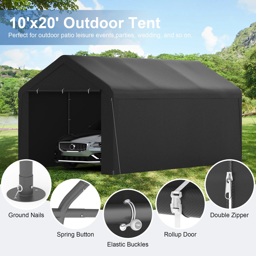 GOJOOASIS Carport, 10 x 20 Heavy Duty Carport Canopy with Removable Sidewall, Water-Resistant Portable PE Garage with All-Season Tarp Beige