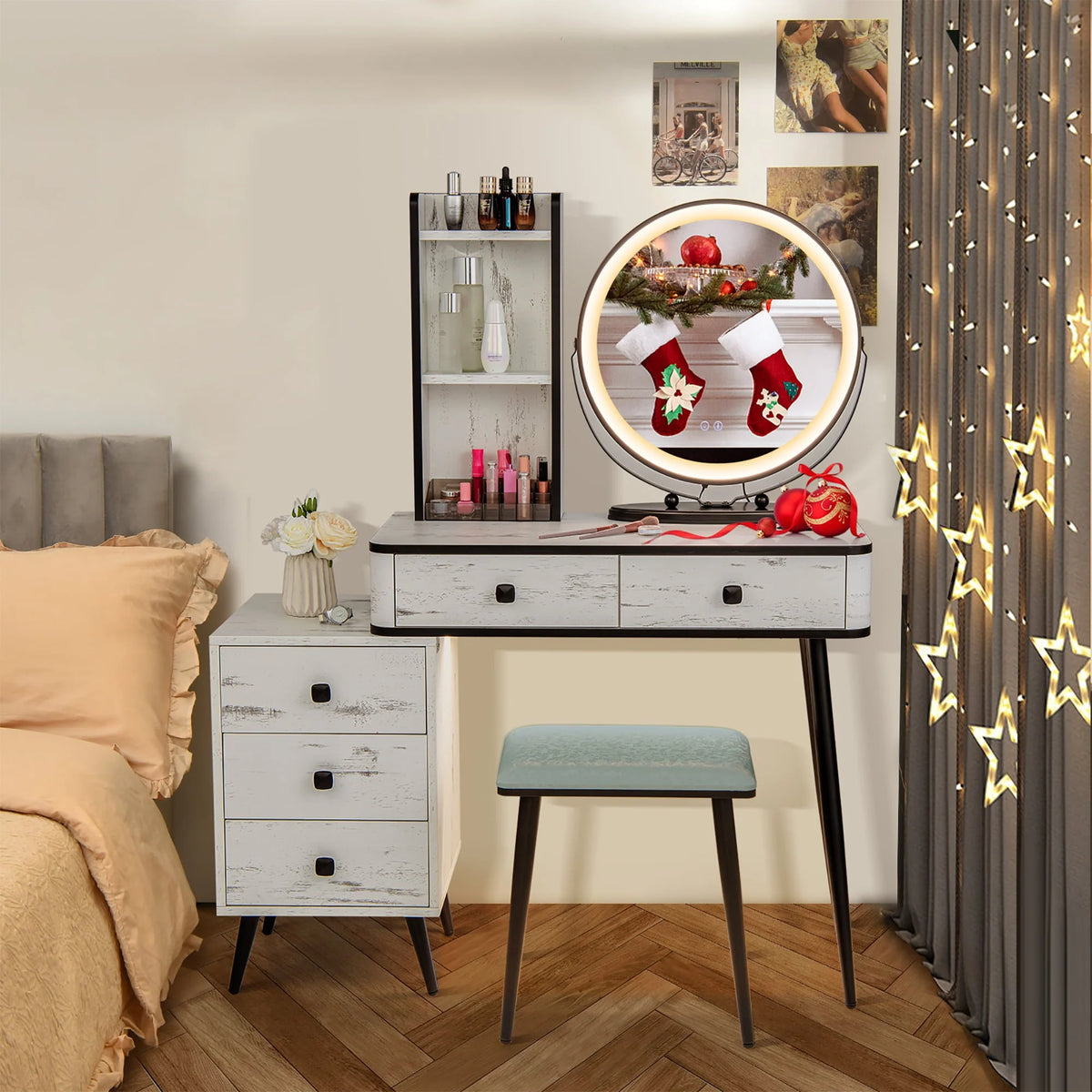 Costway Vanity Makeup Table Set 3-Color Dimmable Human Body Induction LED Light White