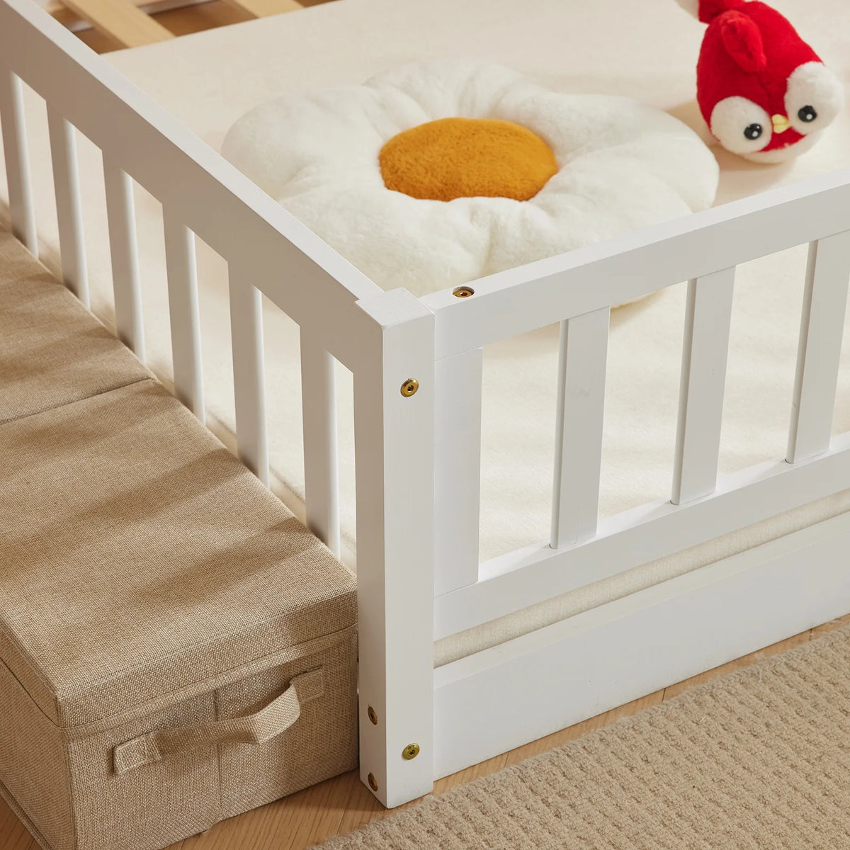 Ktaxon Montessori Twin Floor Bed with Safety Guardrails, Toddler Bed Frame for Kids, Wood Frame - Nature