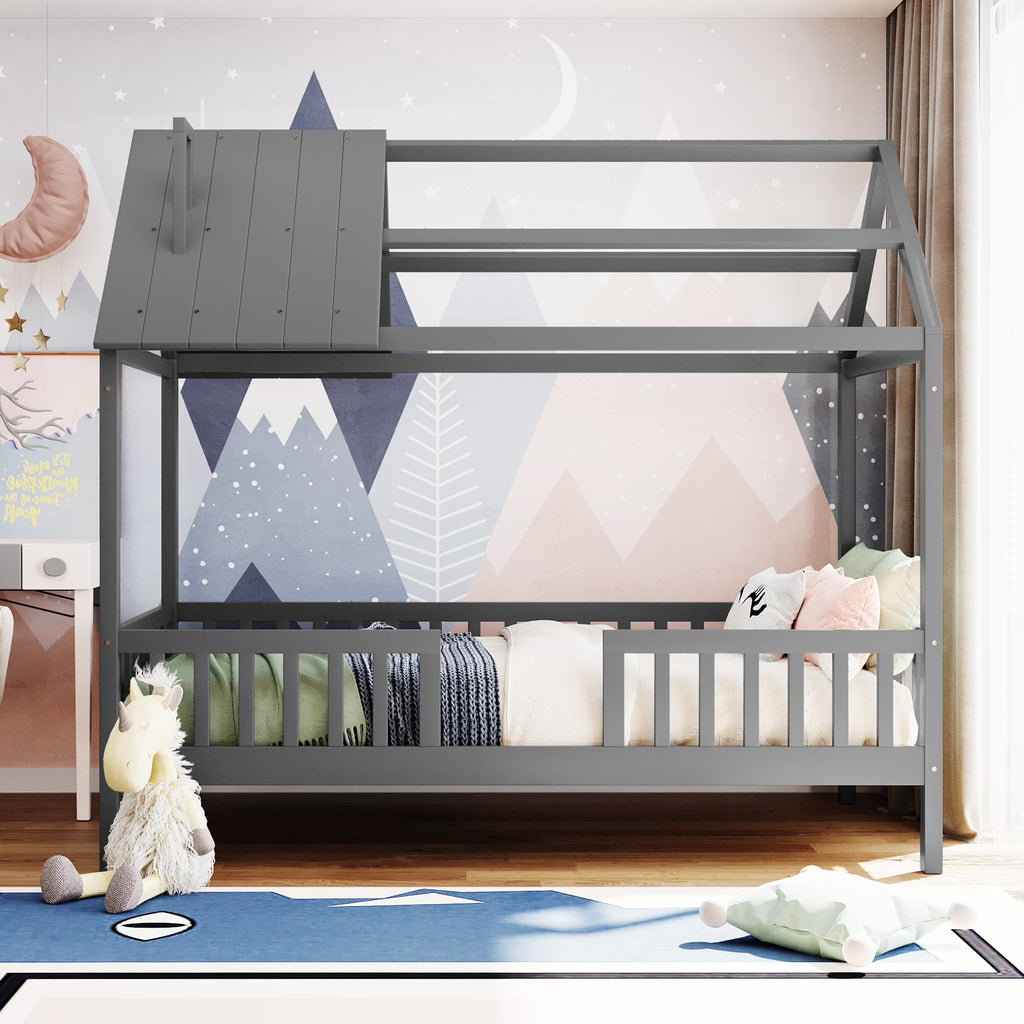 Euroco Twin Size Platform Bed, House Bed with Fence for Kids, Gray
