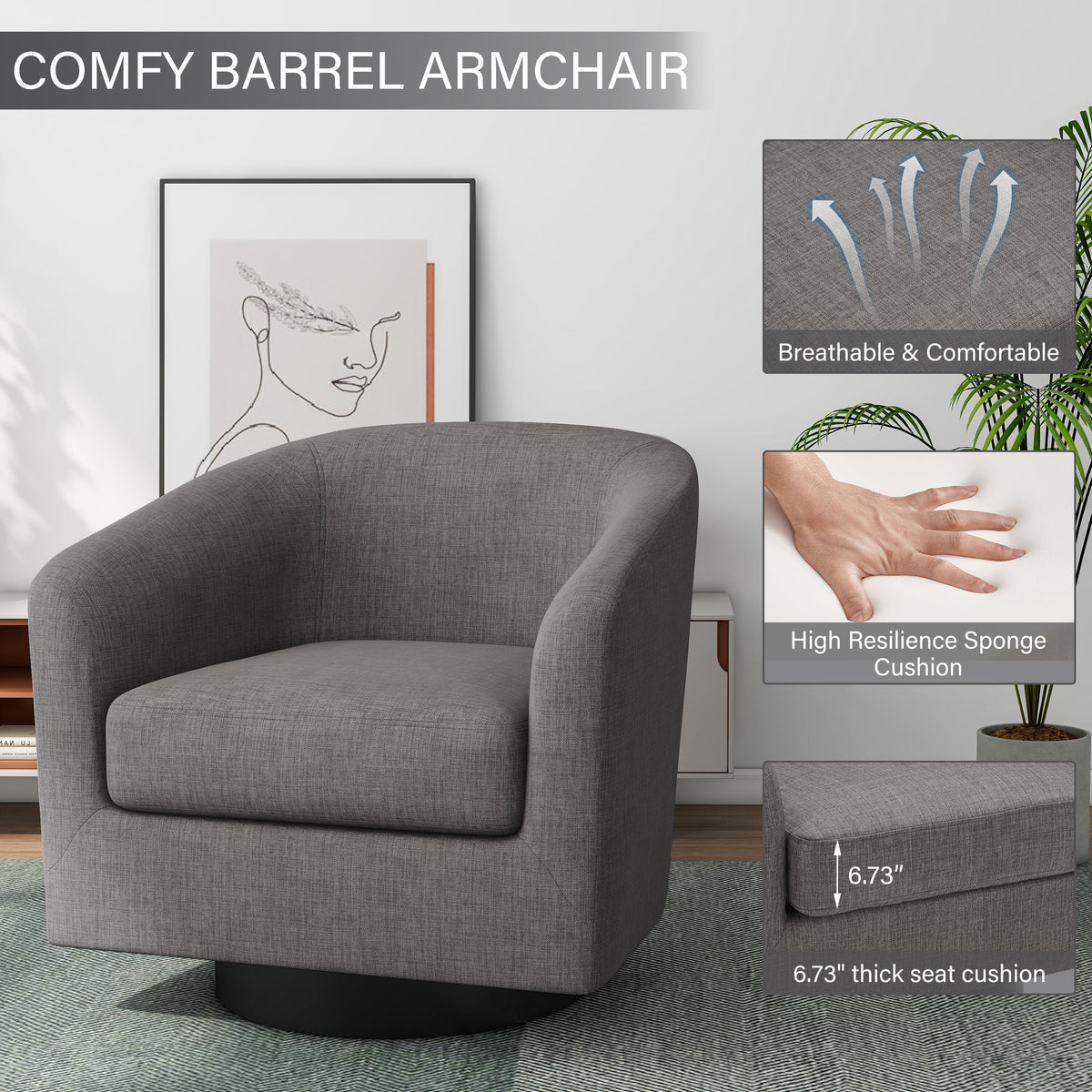 DREAMSIDEA Swivel Barrel Accent Chair for Living Room, Modern Upholstered Round Club Armchair-Cream