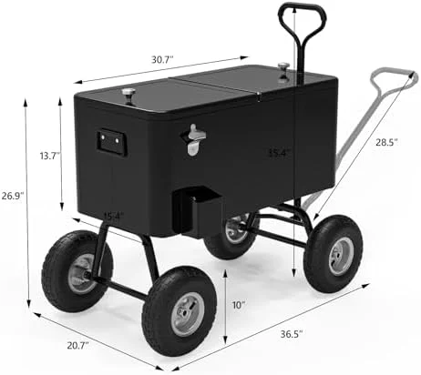 80 Quart Wagon Rolling Cooler Ice Chest, /Long Handle and 10" Wheels, Portable Beach Patio Party Bar Cold Drink Beverage, Outdoor Park Cart on Wheels