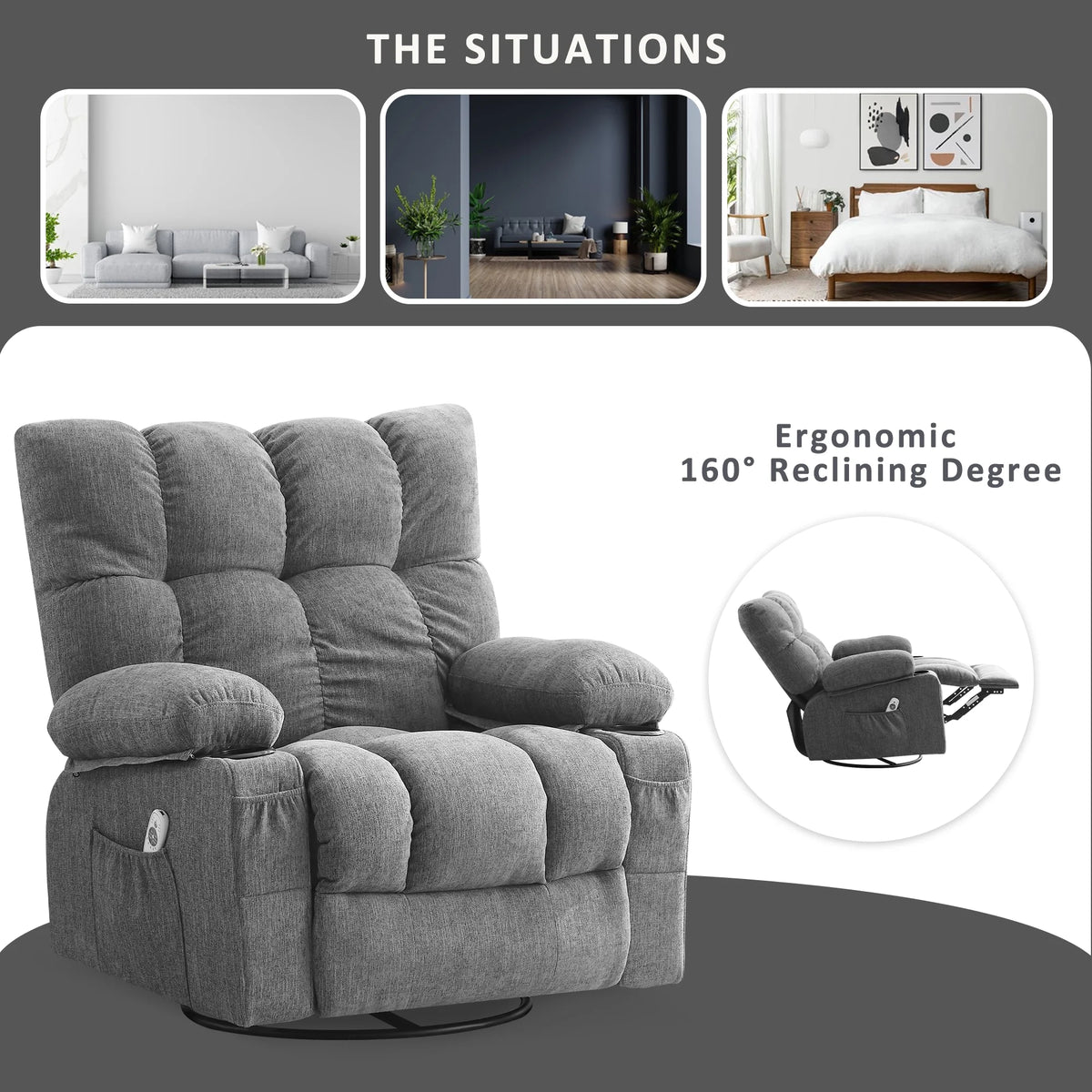 JONPONY Manual Recliner Chair with Heat Therapy and Massage Function, Heavy Duty Reclining Mechanism Massage Chair, Elderly Single Rocker Sofa with Cup Holders for Bedroom Home Theater,Grey