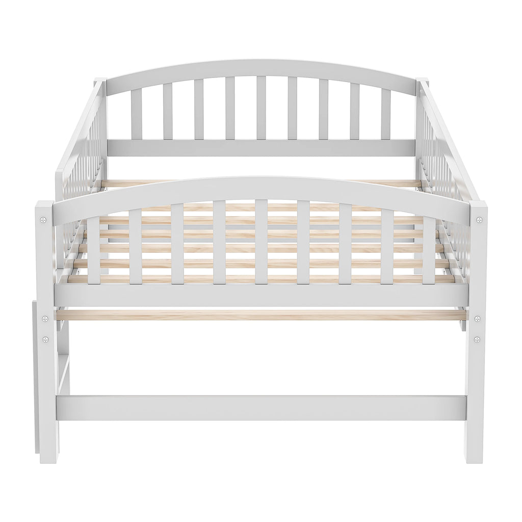 SESSLIFE Twin Size Platform Bed, Solid Wood Twin Bed Frame with Slats, Fence Guardrail Ladder, Twin Floor Bed with Strong Legs for Boys Girls, No Box Spring Needed, Holds 400 lbs, White