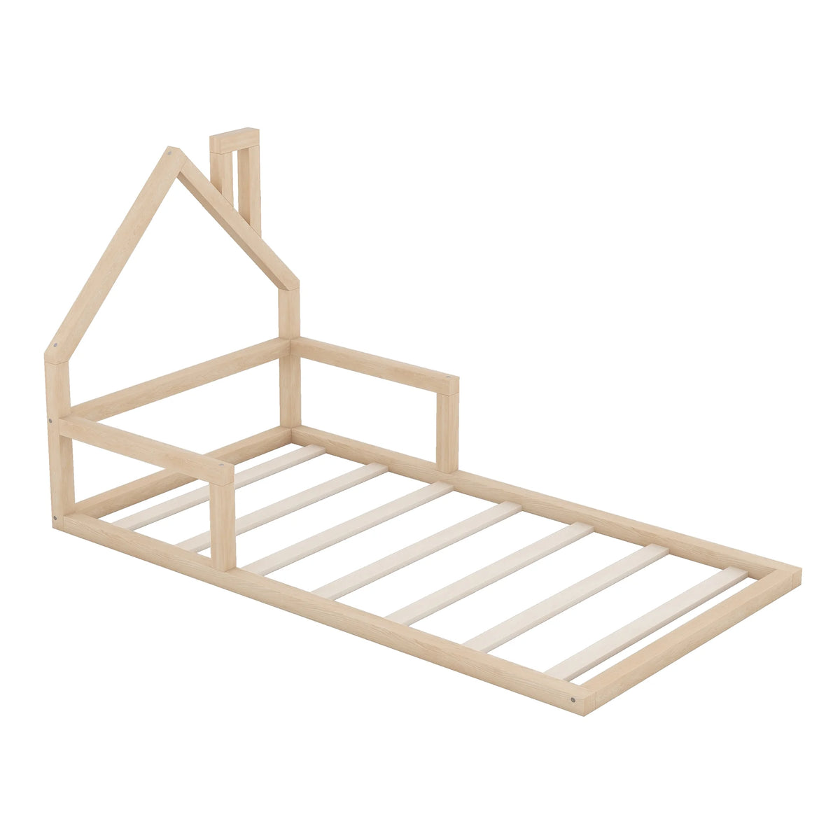 Euroco Twin Size Wood Floor Bed for Kids Room, Toddler House Bed, Natural