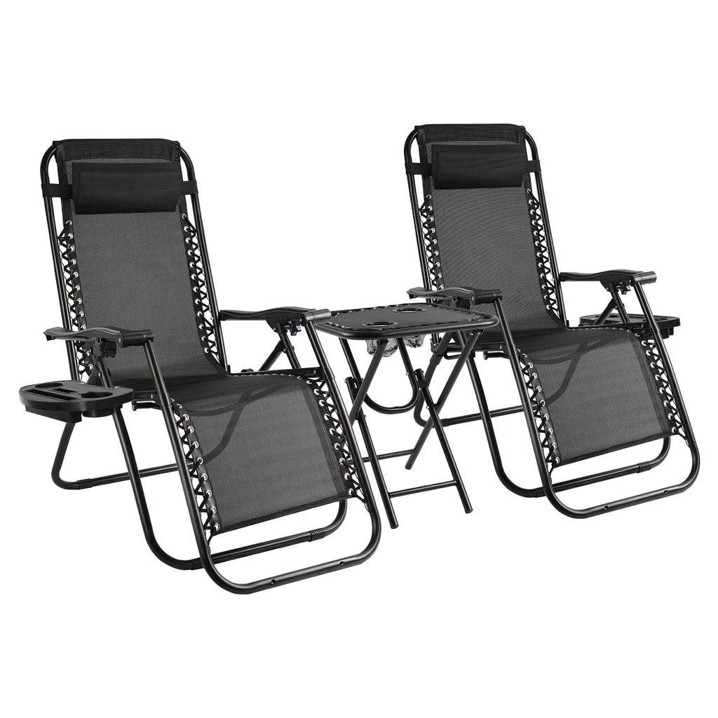 Vineego 3 Pieces Zero Gravity Chair Patio Foldable Chaise Lounge Chairs 2 Beach Chairs and Table with Cup Holders,Beige