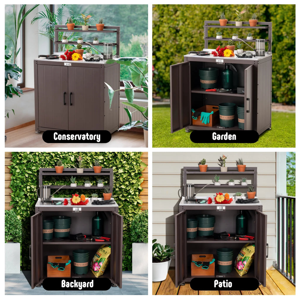 Feasto Garden Potting Bench with Storage Cabinet,Outdoor Gardening Table & Work Bench for Horticulture,Black
