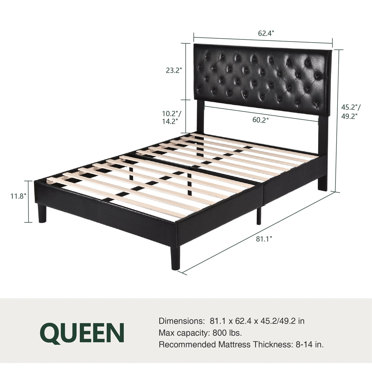 Amolife Queen Bed Frame with Headboard, Diamond Button Tufted Style, Black