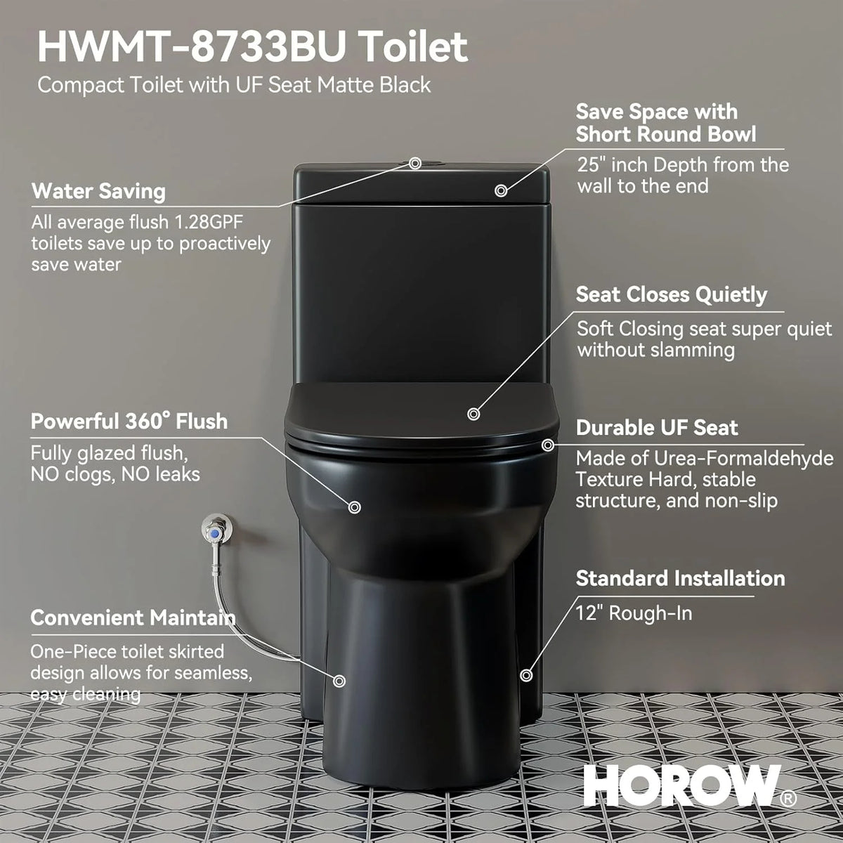 Small One Piece Toilet with Soft Closing & UF Seat,1.1/1.6 GPF Dual Flush 12'' Rough-In Matte Black