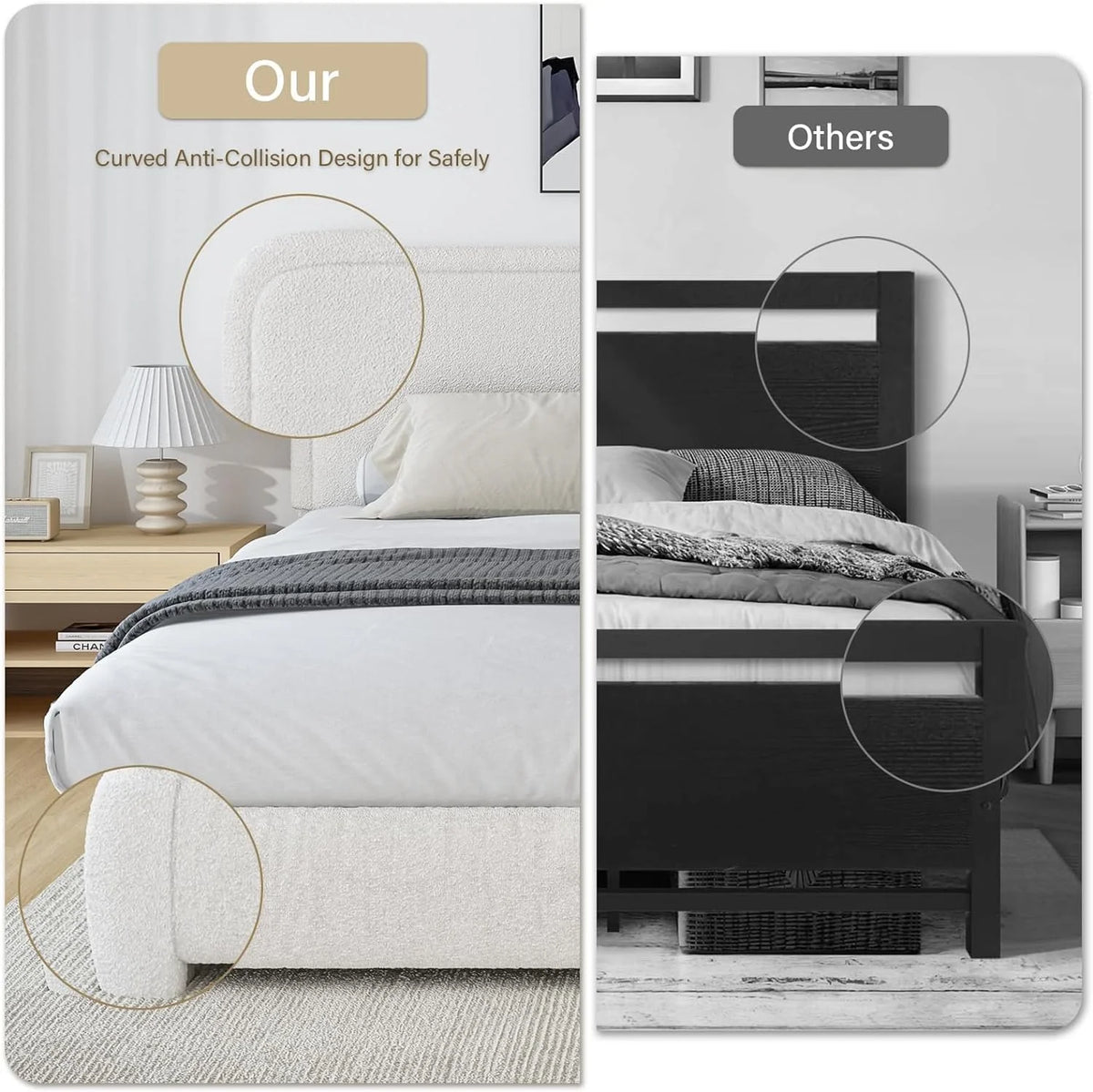 4 EVER WINNER Twin Size Bed Frame, Modern Bed Frame with Headboard, Boucle Fabric Upholstered Bed Frame, Soft Curved Headboard, Cream