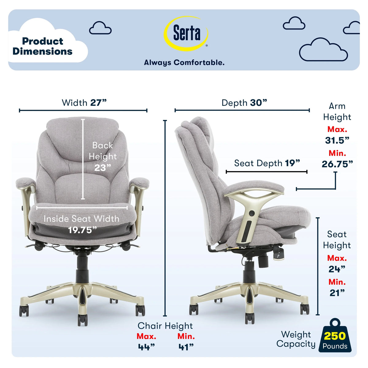Serta Back in Motion Technology Fabric Executive Office Chair, Light Gray