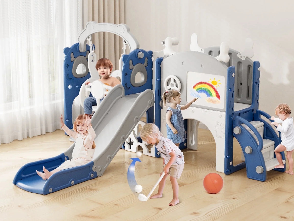 KORIMEFA 13-in-1 Toddler Slide, Kids Swing and Slide for Toddlers Age 1-4, Outdoor Indoor Playground Playset for Toddlers with Basketball Hoop and Ball Playset Telescope, Blue