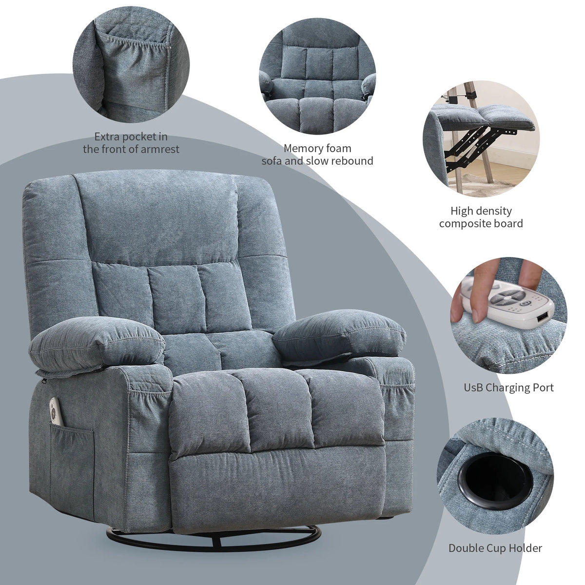 JONPONY Manual Recliner Chair with Heat Therapy and Massage Function, Heavy Duty Reclining Mechanism Massage Chair, Elderly Single Rocker Sofa with Cup Holders for Bedroom Home Theater,Blue