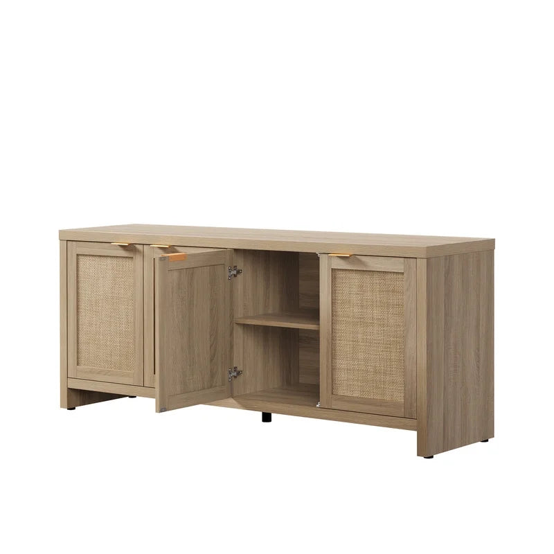 SICOTAS 61.5"W Rattan TV Stand with 4 Doors, Boho Entertainment Center with Adjustable Shelves & Spacious Countertop �C Large Boho Farmhouse Media Console for Living Room, Reclaimed Caramel Oak