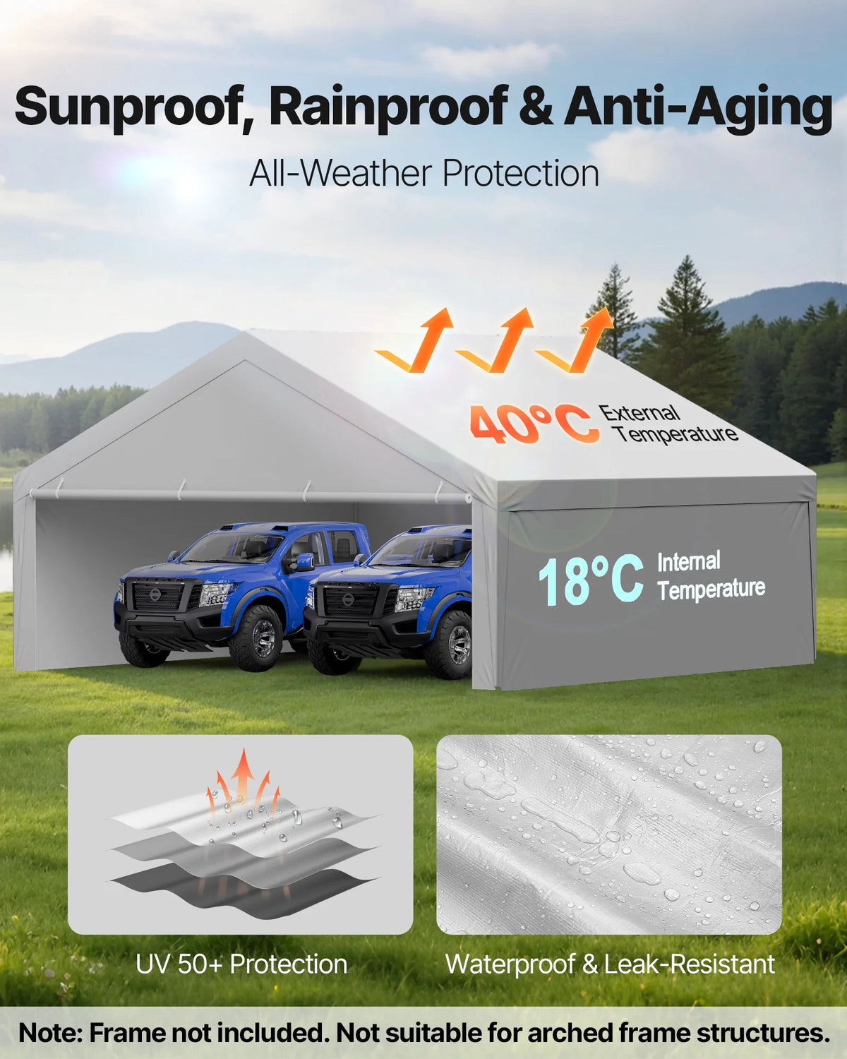 VEVOR Carport Replacement Canopy, 20 x 20 ft Potable Garage Tent Top Tarp with Sidewalls, UV-Resistant & Waterproof, Heavy Duty Car Shelter Tarp with Ball Buggees, Grey, Frame Not Included