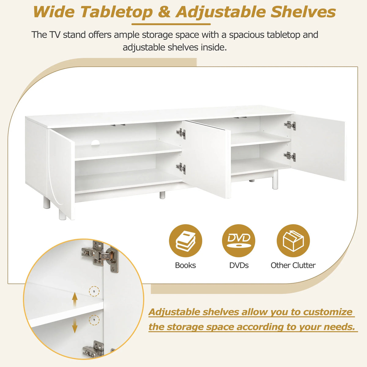 71" Graceful TV Stand with Arch Cabinets�?�?Minimalist Media Console for 78" TVs, White Entertainment Center with Solid Wood Legs & Adjustable Shelves