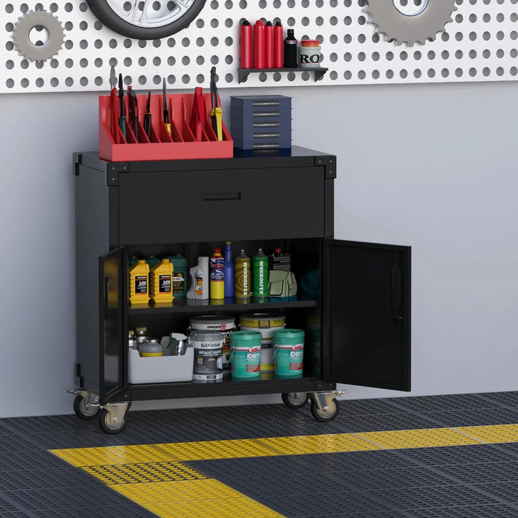 Aobabo Metal Storage Cabinet with Lock,Garage Storage Cabinet with Wheels,72In Steel Storage Cabinet for Garage Home Storage, Black Required-Assembly