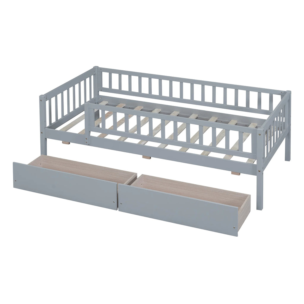 Holaki Twin Size Wood Bed with Guardrails and 2 Storage Drawers for Kids, Gray