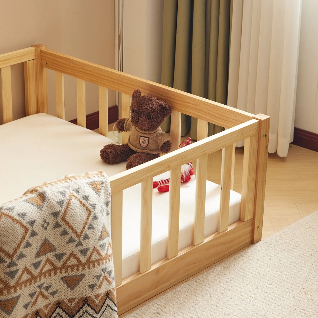 Zimtown Montessori Floor Bed Frame, Full Size Kids Toddler Bed with Fence and Door, Wooden Platform Bed, White