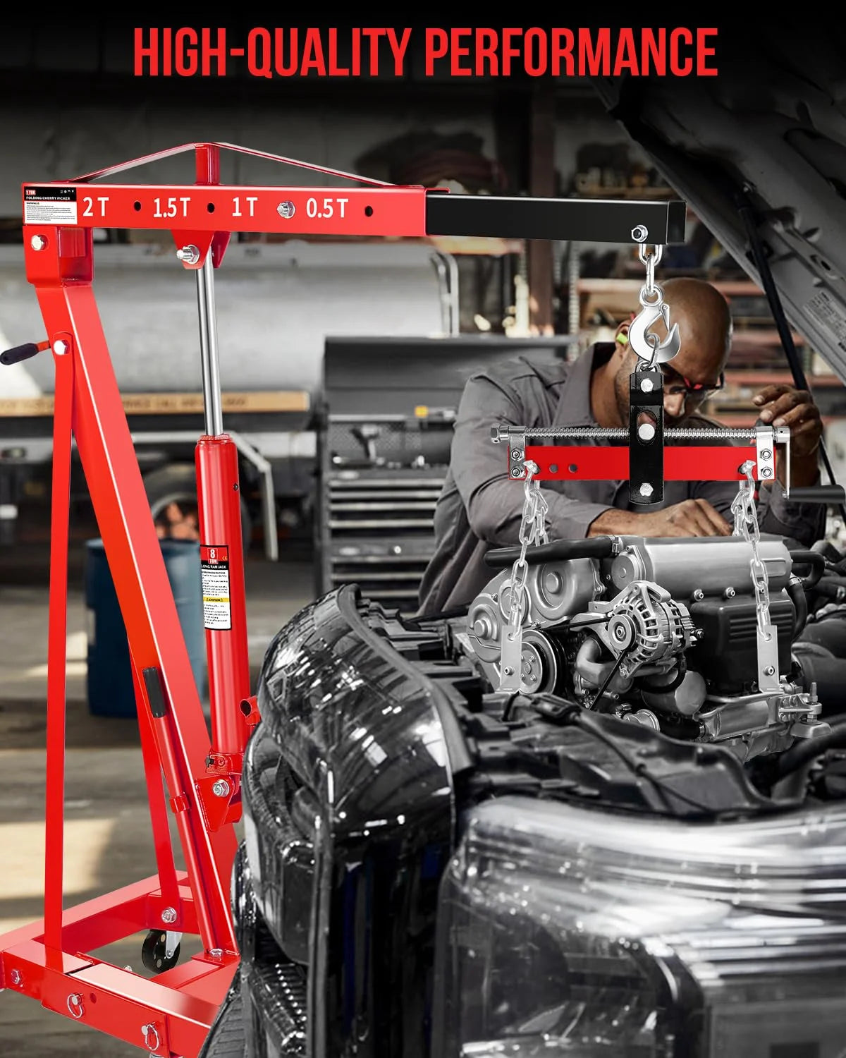 Garvee 2-Ton Shop Crane with Lever, Hydraulic Folding Engine Hoist w/6 Steel Casters - Lift Car Transmissions, Boat Motors, Farm Equipment